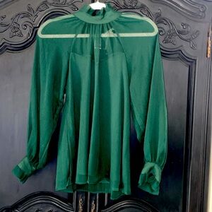 Elegant Green Long Sleeve Sheer Blouse with Ruffled Neckline and Mandarin Collar